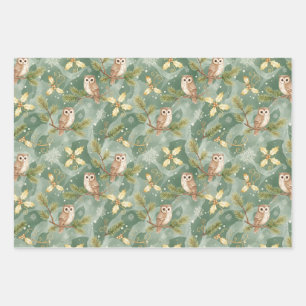 Christmas Owl on Evergreen Branch Green Wrapping Paper Sheets