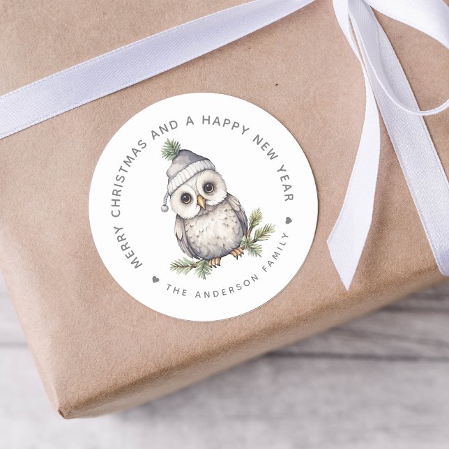 Christmas Owl Personalized Gift And Envelope Classic Round Sticker (Creator Uploaded)