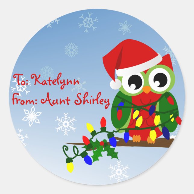 Christmas Owl Personalized Gift Tag Stickers (Front)