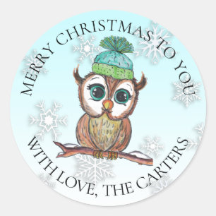 Christmas Owl sitting on Branch Holiday Classic Round Sticker