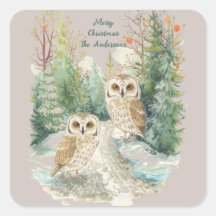 Christmas Owl Sticker – Woodland Forest Watercolor