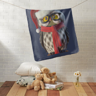 Christmas Owl Wearing Santa Costume and Red Scarf Baby Blanket