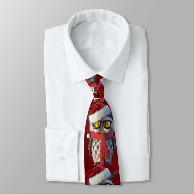Christmas Owl Wearing Santa Costume and Red Scarf  Neck Tie (Tied)