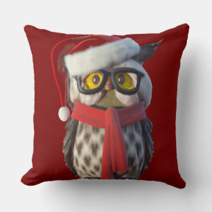 Christmas Owl Wearing Santa Costume and Red Scarf Throw Pillow