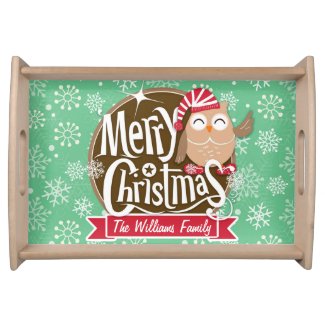 Christmas Owl; Winter; Green & White Snowflakes Serving Tray