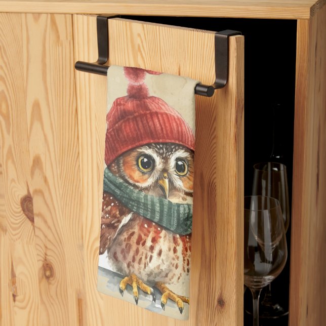 Christmas Owl Winter Watercolor Fun Animal Kitchen Towel (Thirds Fold)