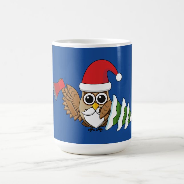 Christmas Owl with Ax and Snowy Pine Tree Coffee Mug (Center)
