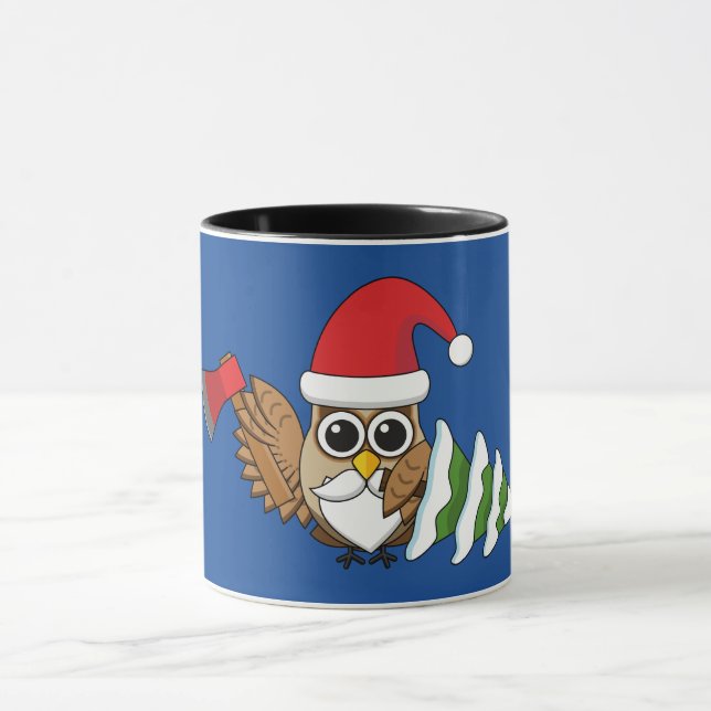 Christmas Owl with Ax and Snowy Pine Tree Mug (Center)