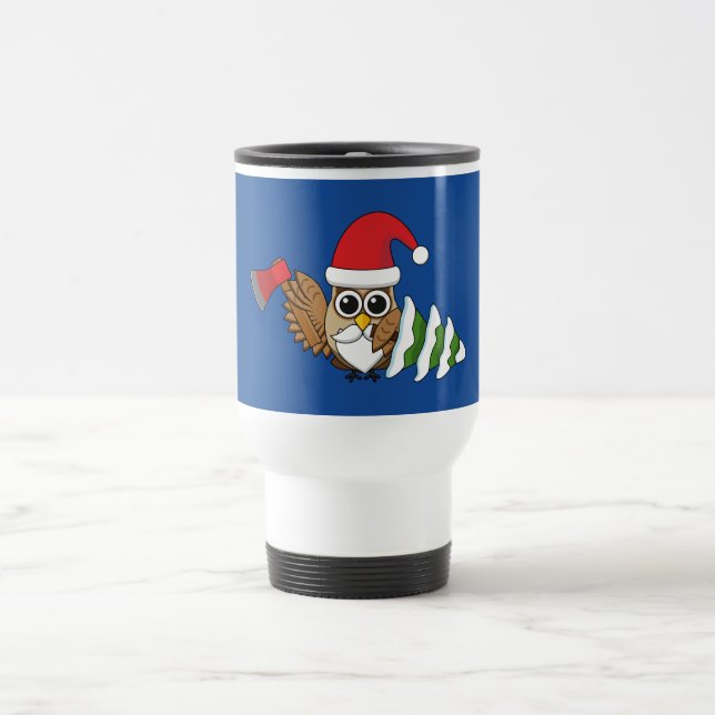Christmas Owl with Ax and Snowy Pine Tree Travel Mug (Center)