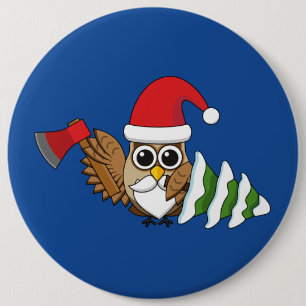 Christmas Owl with Axe and Snowy Pine Tree Button