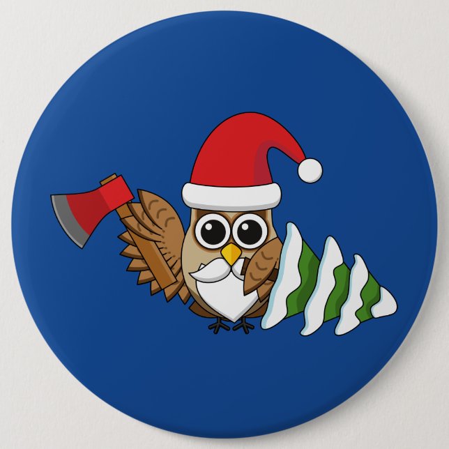 Christmas Owl with Axe and Snowy Pine Tree Button (Front)