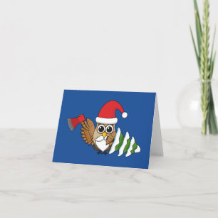 Christmas Owl with Axe and Snowy Pine Tree Card