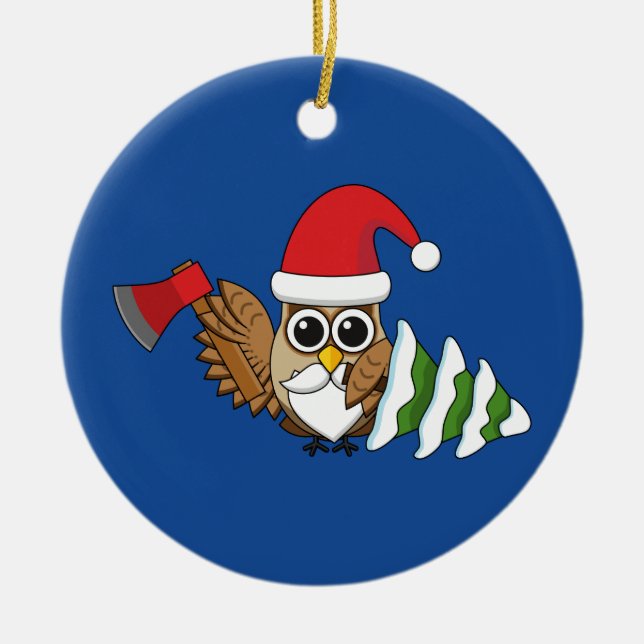 Christmas Owl with Axe and Snowy Pine Tree Ceramic Ornament (Front)