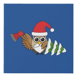 Christmas Owl with Axe and Snowy Pine Tree Faux Canvas Print