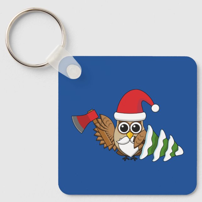 Christmas Owl with Axe and Snowy Pine Tree Keychain (Front)