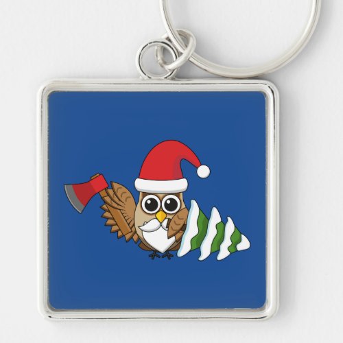 Christmas Owl with Axe and Snowy Pine Tree Keychain