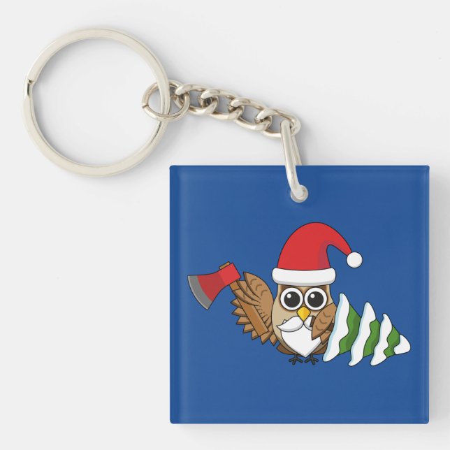 Christmas Owl with Axe and Snowy Pine Tree Keychain (Front)