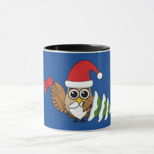 Christmas Owl with Axe and Snowy Pine Tree Mug