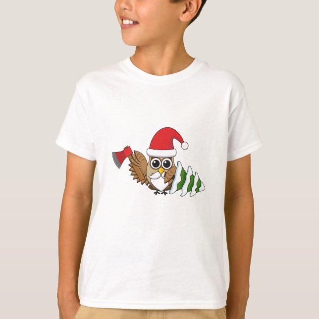 Christmas Owl with Axe and Snowy Pine Tree T-Shirt (Front)