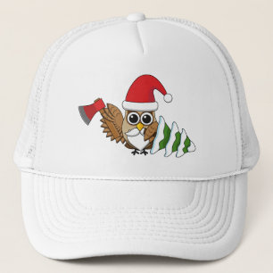 Christmas Owl with Axe and Snowy Pine Tree Trucker Hat