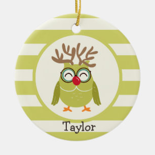 Christmas Owl with Light Green Retro Stripes Ceramic Ornament