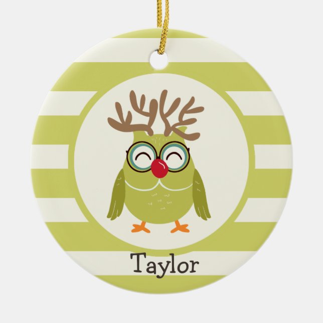 Christmas Owl with Light Green Retro Stripes Ceramic Ornament (Front)