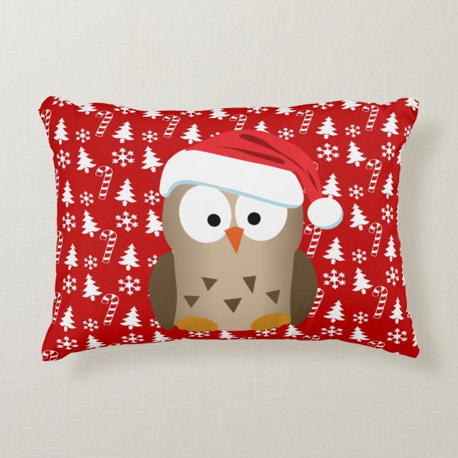 Christmas Owl with Santa Hat Accent Pillow (Front)