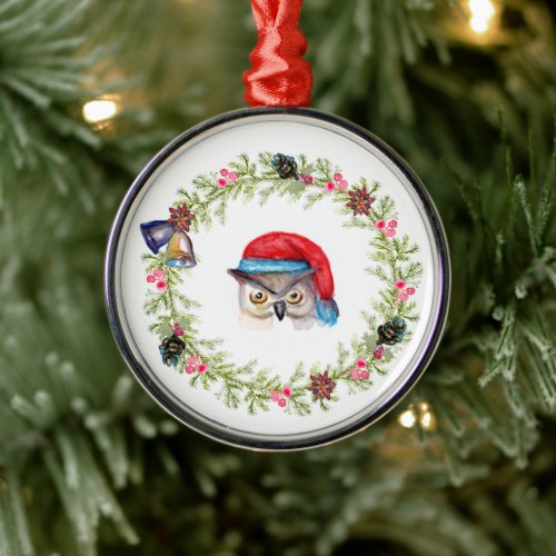 Christmas Owl with Santa Hat  and Wreath Metal Ornament