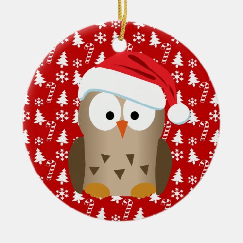 Christmas Owl with Santa Hat Ceramic Ornament