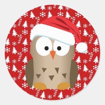 Christmas Owl With Santa Hat Classic Round Sticker by ChristmasCardShop at Zazzle