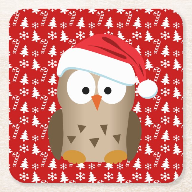 Christmas Owl with Santa Hat Square Paper Coaster (Front)