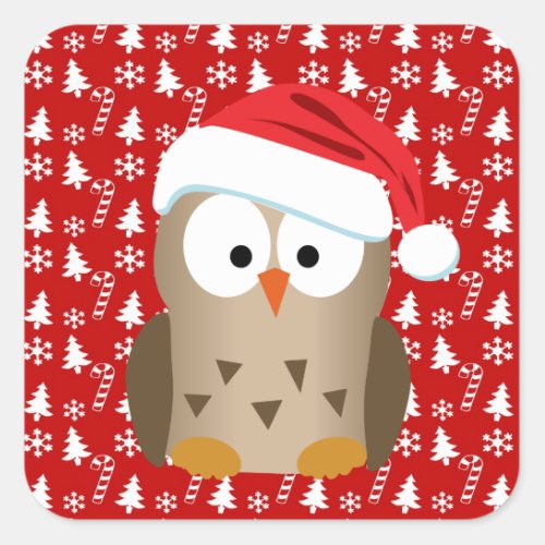 Christmas Owl with Santa Hat Square Sticker