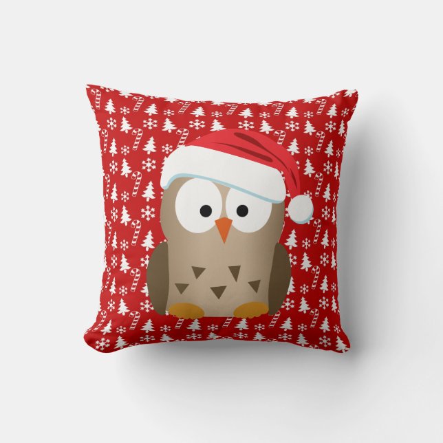 Christmas Owl with Santa Hat Throw Pillow (Front)