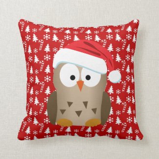 Christmas Owl with Santa Hat Throw Pillow