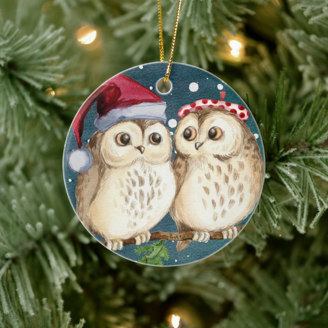 Christmas owls Ceramic Ornament (Tree)
