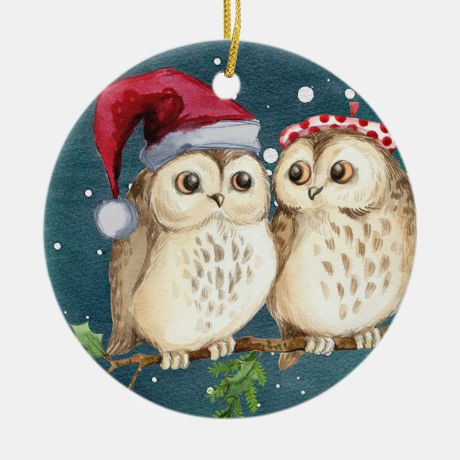 Christmas Owls Ceramic Ornament (Front)