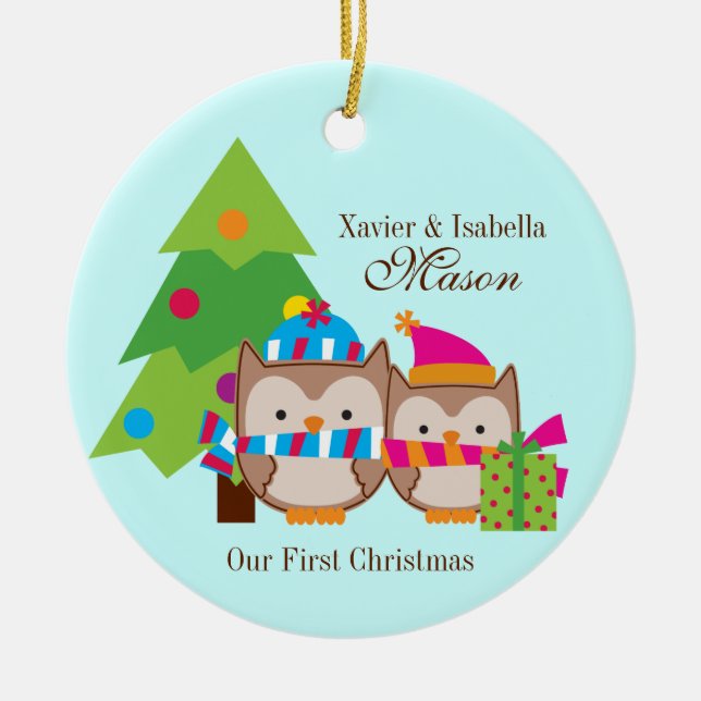 Christmas Owls - First Christmas Ceramic Ornament (Front)