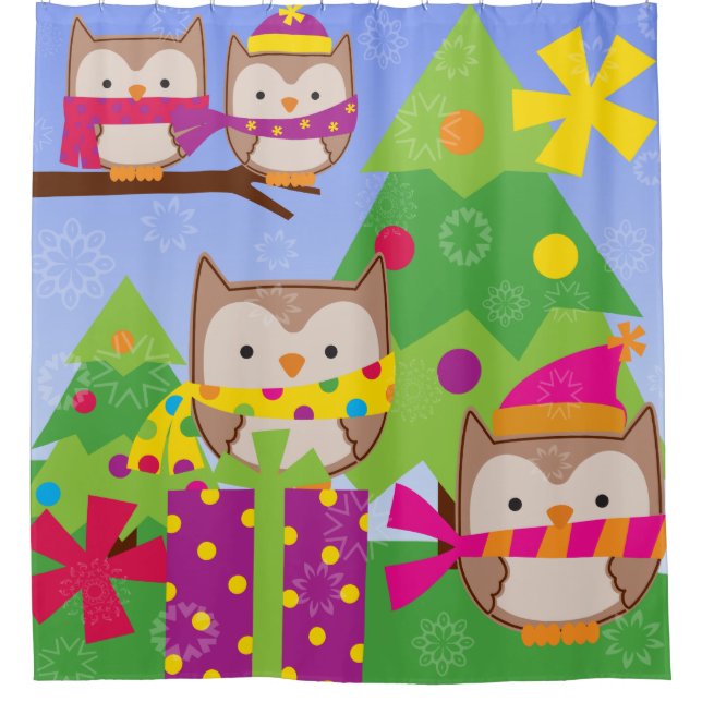 Christmas Owls Holiday Shower Curtain (Front)