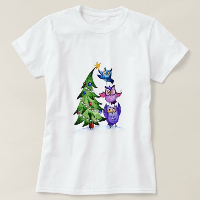 Christmas owls holiday tree T-Shirt (Design Front)