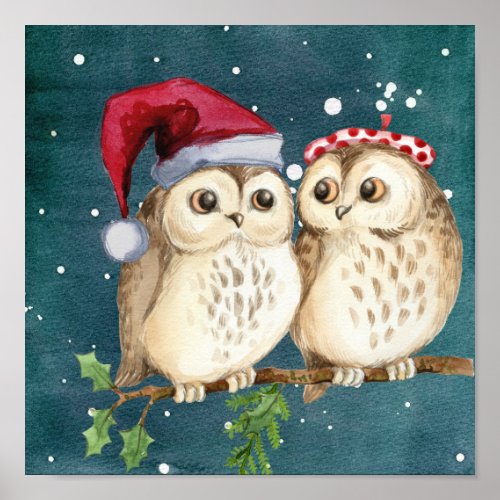 Christmas Owls on Branch at Night Poster