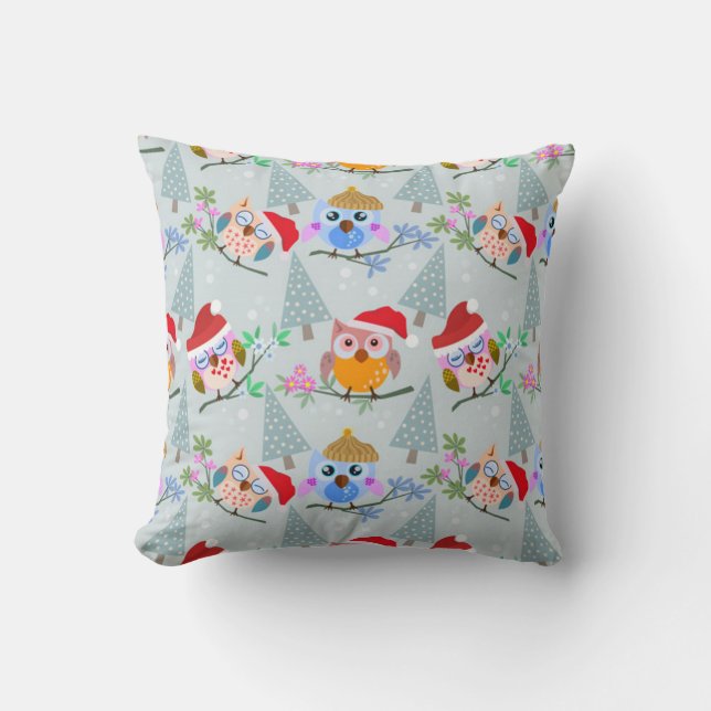 Christmas Owls Pattern Throw Pillow (Front)
