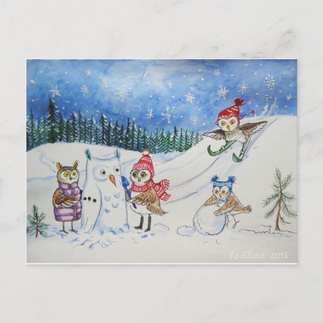 Christmas owls playing in snow holiday postcard (Front)