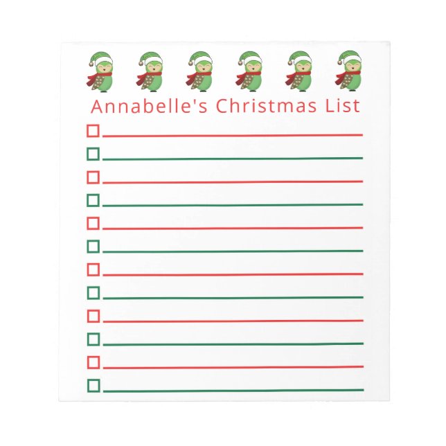 Christmas Owls Shopping List Personalize Notepad (Front)