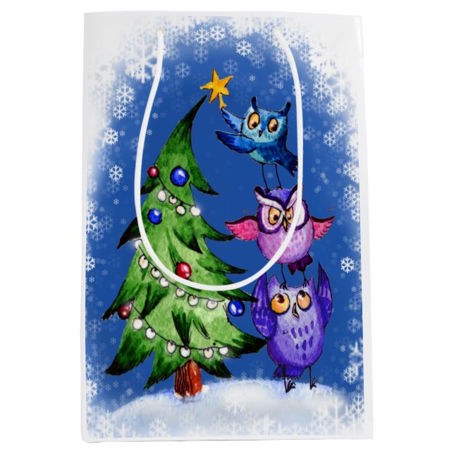 Christmas owls tree decoration medium gift bag (Front)