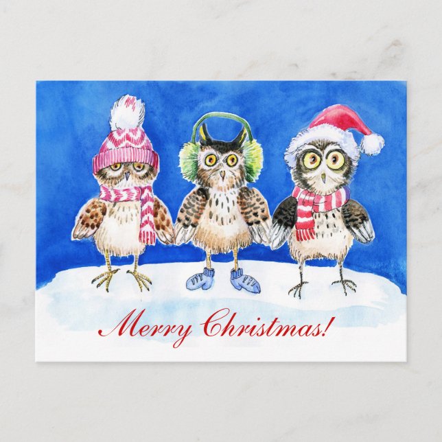 Christmas owls watercolor art holiday postcard (Front)