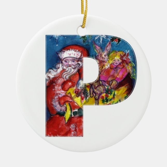 CHRISTMAS P LETTER  / SANTA  WITH GIFTS MONOGRAM CERAMIC ORNAMENT (Front)