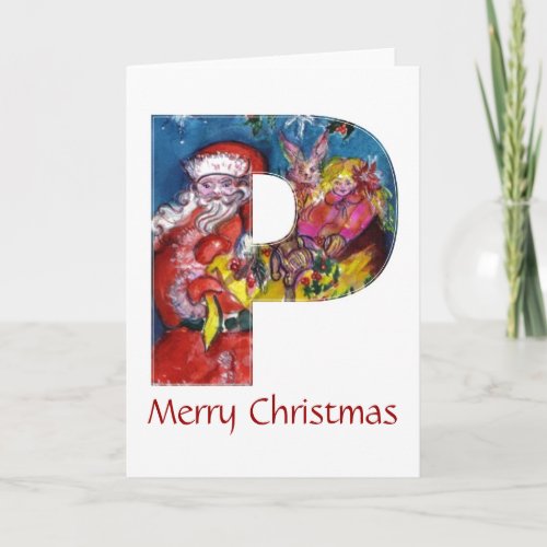 CHRISTMAS P LETTER   SANTA  WITH GIFTS MONOGRAM HOLIDAY CARD