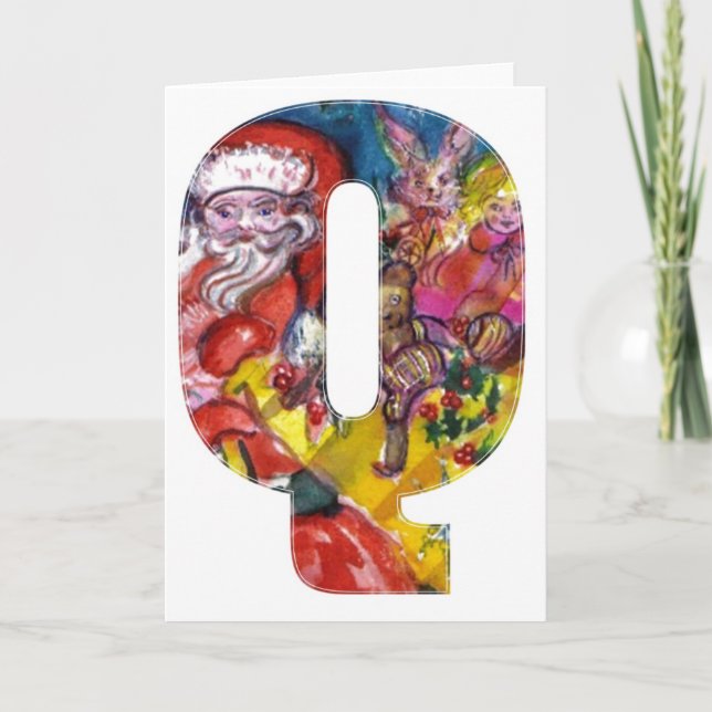 CHRISTMAS P LETTER  / SANTA  WITH GIFTS MONOGRAM HOLIDAY CARD (Front)