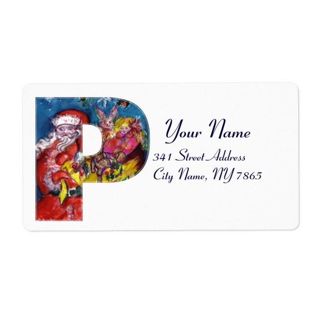 CHRISTMAS P LETTER  / SANTA  WITH GIFTS MONOGRAM LABEL (Front)