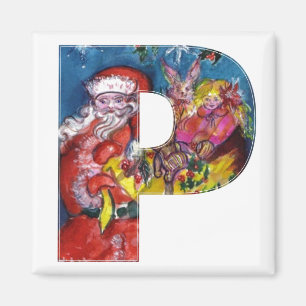 CHRISTMAS P LETTER / SANTA WITH GIFTS MONOGRAM MAGNET